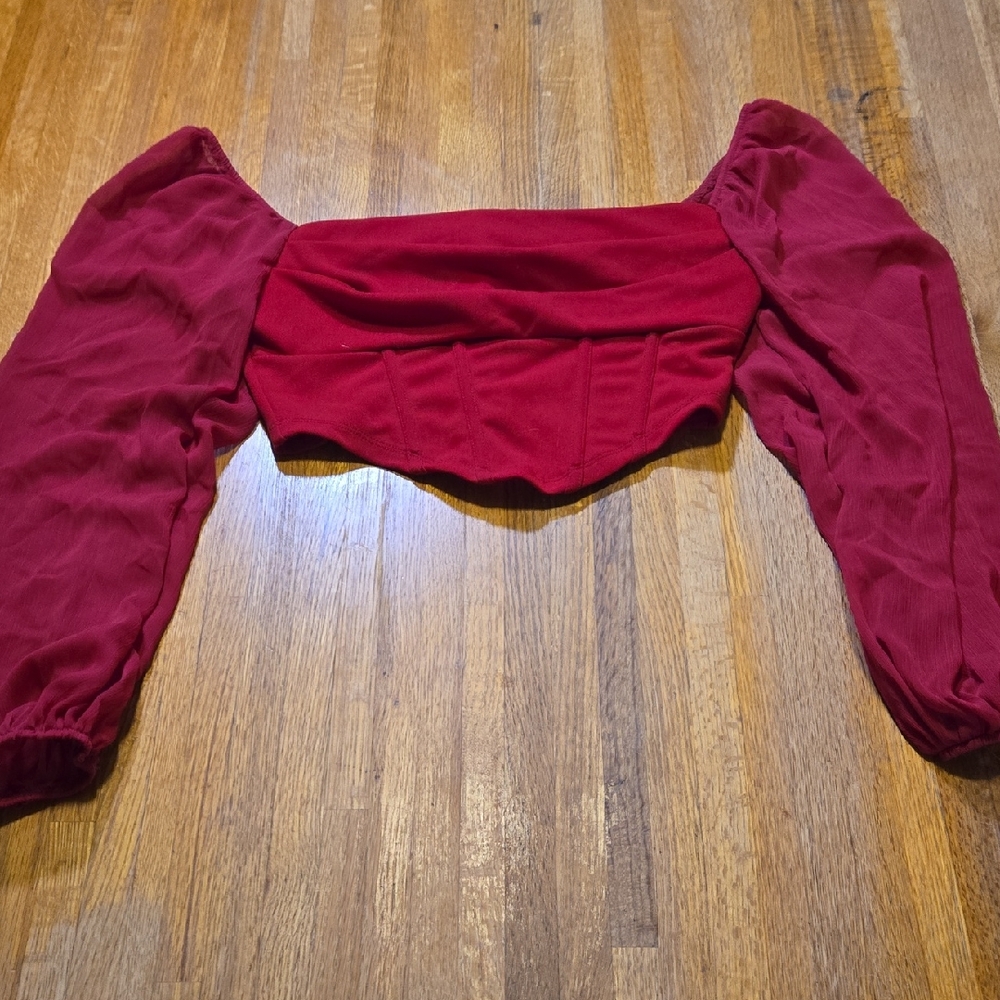 SHEIN Women Small Burgundy Puff Sheer Cuff Long Sleeve Zip Back Corset Crop Top